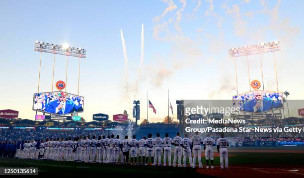 Los Angeles, CA Opening Day ceremonies prior to a baseball game between the Los Angeles Dodgers and the Arizona Diamondbacks at Dodger Stadium in Los...