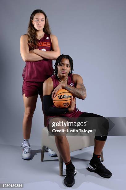 Cayla King and Taylor Soule of the Virginia Tech Hokies poses for a portrait during media day at 2023 NCAA Women's Basketball Final Four at the Kay...