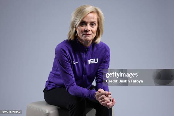 Head coach Kim Mulkey of the LSU Lady Tigers poses for a portrait during media day at 2023 NCAA Women's Basketball Final Four at the Kay Bailey...