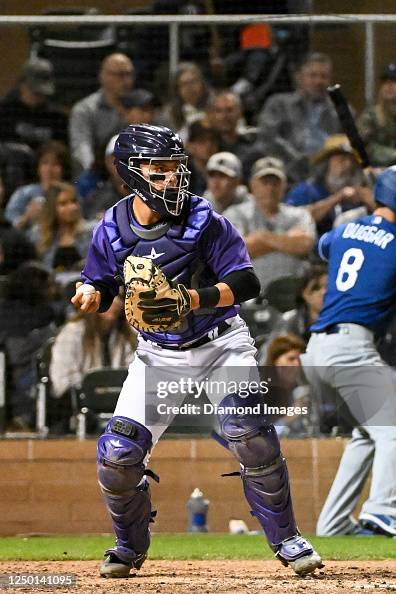Drew Romo C Drew Romo of the Colorado Rockies throws toward second base during ...