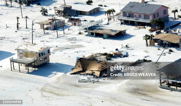 Many buildings along the northern coast of the Gulf of Mexico show severe damage in the aftermath of hurricane Ivan 17 September on Pensacola beach...