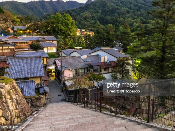 overview of hatsukaichi city from senjokaku pavilion hill - miyajima stock-fotos und bilder