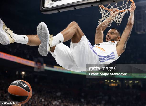 Adam Hanga of Real Madrid dunks the ball during the 2022-23 Turkish Airlines EuroLeague Regular Season Round 32 game between Partizan Mozzart Bet...