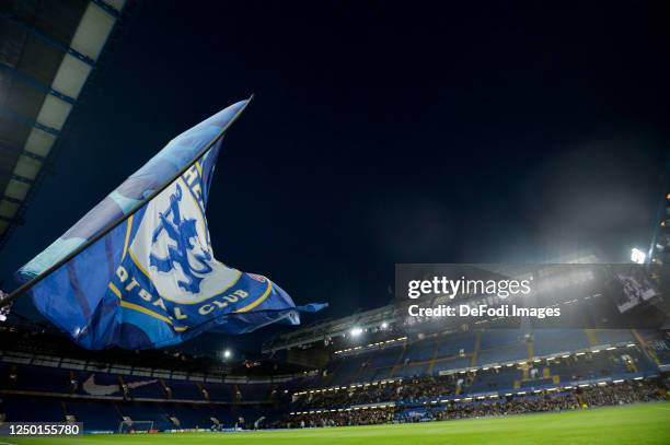 The flag of Chelsea FC flying in the stadium prior to the UEFA Women's Champions League quarter-final 2nd leg match between Chelsea FC and Olympique...