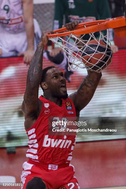 Tarik Black, #28 of Olympiacos Piraeus in action during the 2022-23 Turkish Airlines EuroLeague Regular Season Round 32 game between Olympiacos...