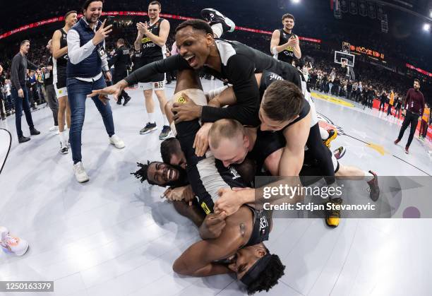 Players of Partizan celebrate after winning the 2022-23 Turkish Airlines EuroLeague Regular Season Round 32 game between Partizan Mozzart Bet...