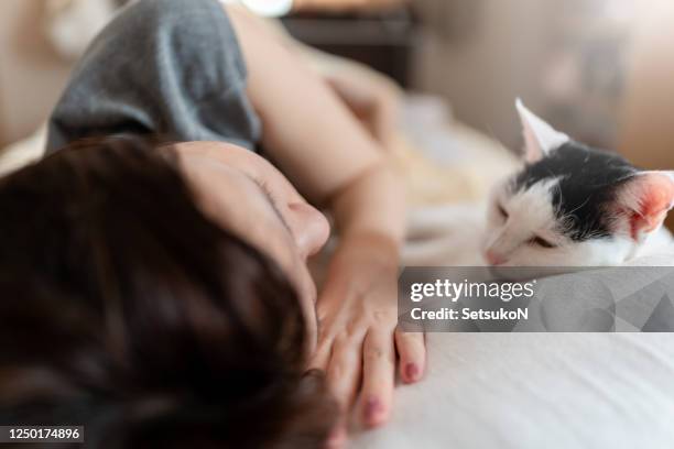 kat en tiener die op bed ontspannen - teenager girl blanket stockfoto's en -beelden