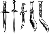 Set of illustration of daggers in engraving style. Design element for label, emblem, sign. Vector illustration