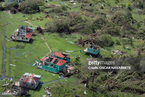 Aerial picture showing destroyed houses and knocked-down trees in the village of Sandy Bay, in the Nicaraguan North Atlantic Autonomous Region, 06...