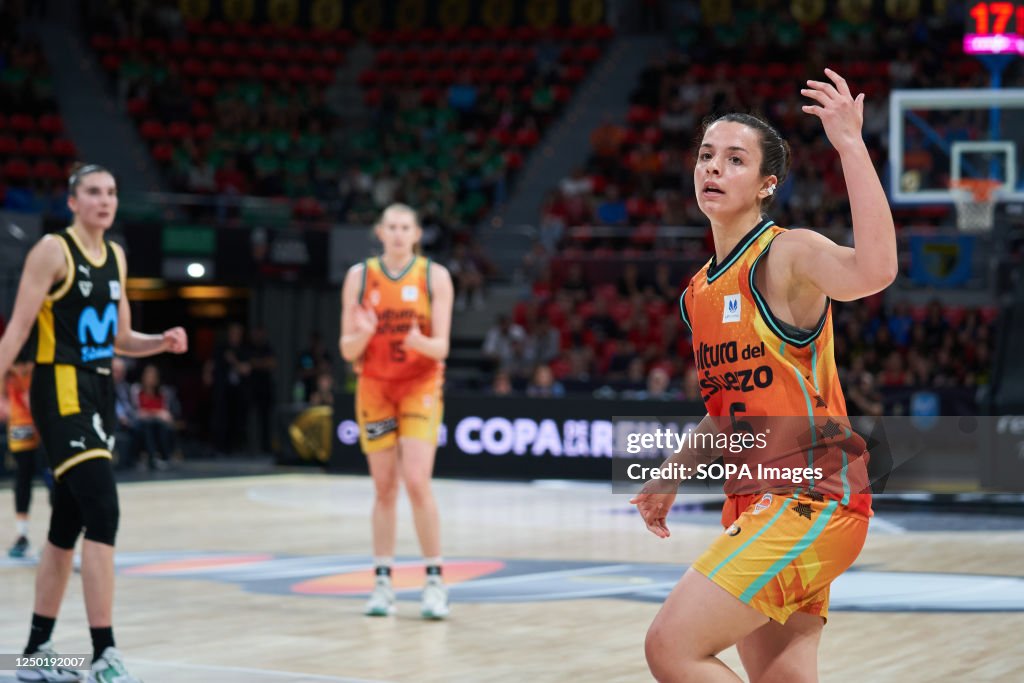 Elena Buenavida of Valencia Basket reacts during the...