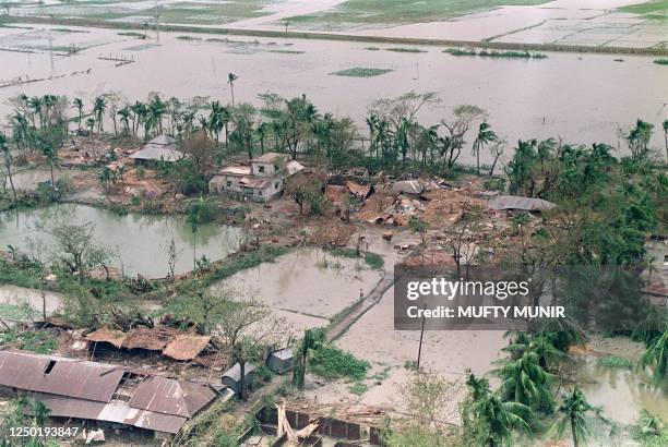 Aerial view taken 30 April 1991 in Chittagong district shows destroyed villages in the aftermath of Bangladesh worst cyclone in 20 years. On the...