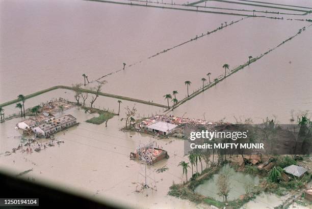 Aerial view taken 30 April 1991 in Chittagong district shows destroyed villages in the aftermath of Bangladesh worst cyclone in 20 years. On the...