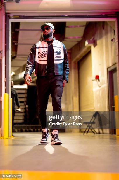 LeBron James of the Los Angeles Lakers arrives to the arena before the game against the Oklahoma City Thunder on March 24, 2023 at Crypto.Com Arena...