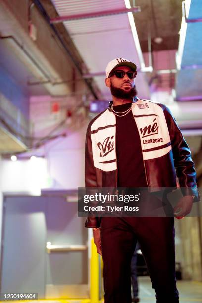 LeBron James of the Los Angeles Lakers arrives to the arena before the game against the Oklahoma City Thunder on March 24, 2023 at Crypto.Com Arena...