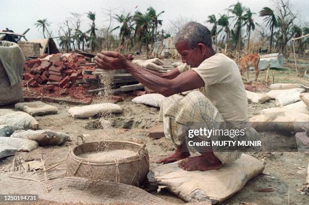 Saleh Ahmed inspects his rice supply 09 May 1991 in Banskhali in Chittagong district in the aftermath of Bangladesh worst cyclone in 20 years. On the...