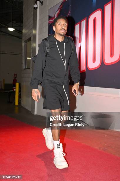 Rodney McGruder of the Detroit Pistons arrives to the arena before the game against the Houston Rockets on March 31, 2023 at the Toyota Center in...