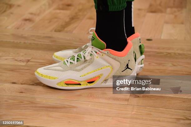 The sneakers worn by Jayson Tatum of the Boston Celtics on March 31, 2023 at the TD Garden in Boston, Massachusetts. NOTE TO USER: User expressly...