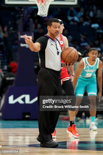 Referee Bill Kennedy looks on during the game between the Chicago Bulls and the Charlotte Hornets on March 31, 2023 at Spectrum Center in Charlotte,...