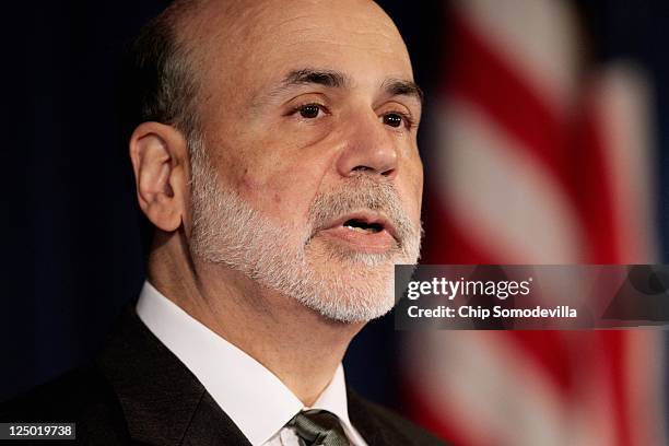 Federal Reserve Board Chairman Ben Bernanke delivers remarks at the Federal Reserve on September 15, 2011 in Washington, DC. Bernanke made brief...