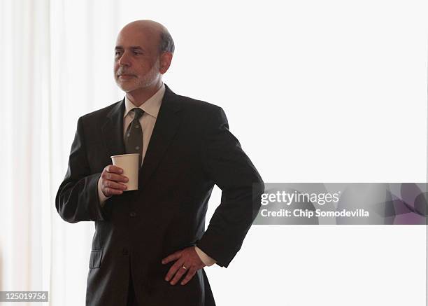 Federal Reserve Board Chairman Ben Bernanke prepares to deliver remarks at the Federal Reserve on September 15, 2011 in Washington, DC. Bernanke made...