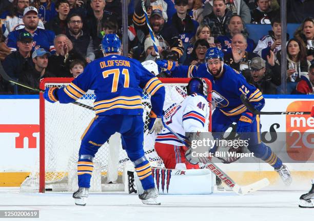 Jordan Greenway of the Buffalo Sabres scores a second period goal against Jaroslav Halak of the New York Rangers during an NHL game on March 31, 2023...