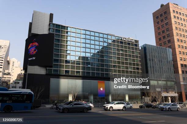 An Apple Inc. Store in the Gangnam District of Seoul, South Korea, on Friday, March 31, 2023. Apple has enlisted K-pop girl band NewJeans to woo...