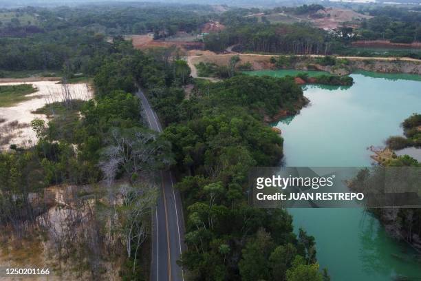 Aerial view showing the environmental impact from mining in Taraza municipality, Antioquia department, Colombia on March 22, 2023. - The giant...