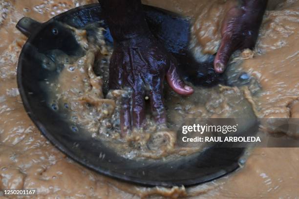 Informal miner Jose Mena looks for gold at the Nechi river in El Bagre municipality, Antioquia department, Colombia on March 23, 2023. - The giant...