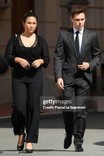 Marie Chevallier and Louis Ducruet arrives at the Monaco Cathedral for Elizabeth-Ann De Massy's Funerals on June 17, 2020 in Monaco, Monaco.