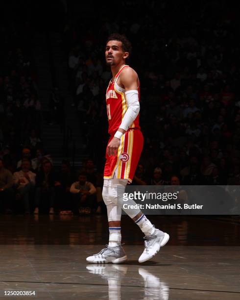 Trae Young of the Atlanta Hawks looks on during the game against the Brooklyn Nets on March 31, 2023 at Barclays Center in Brooklyn, New York. NOTE...