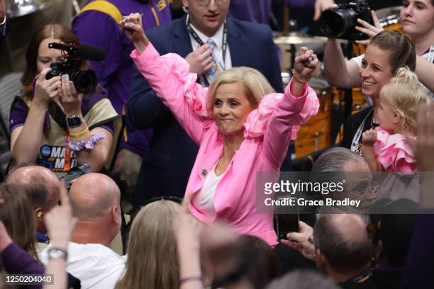 Head coach Kim Mulkey of the Louisiana State Tigers celebrates their win over the Virginia Tech Hokies during the semifinals of the NCAA Womens...