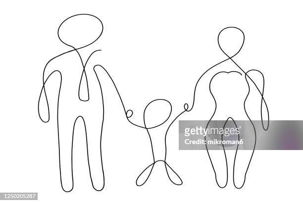 single line drawing of a traditional family - build presents the family stock pictures, royalty-free photos & images