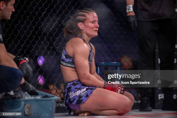 Pam Sorenson in the cage after her lost to Pam Sorenson in their Featherweight fight during the Bellator 293 event on March 31 at Pechanga Resort and...
