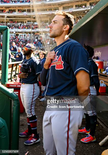 Atlanta Braves first baseman Matt Olson stands in the dugout during the Atlanta Braves versus the Washington Nationals on March 30, 2023 at Nationals...