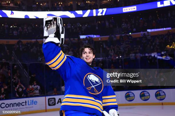 Devon Levi of the Buffalo Sabres celebrates his first NHL game and victory, a 3-2 overtime win against the New York Rangers on March 31, 2023 at...