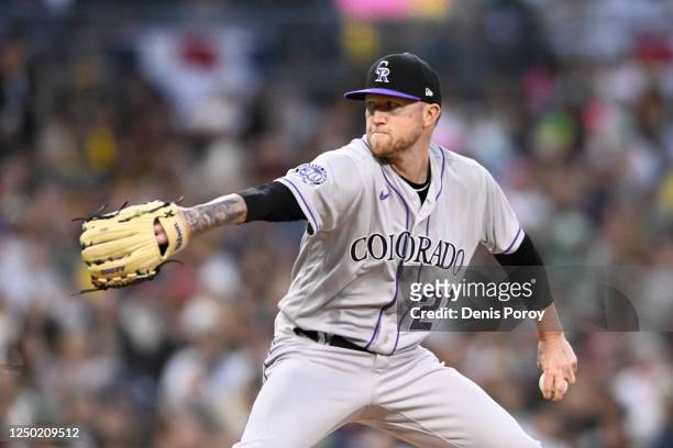 Kyle Freeland of the Colorado Rockies pitches during the first inning of a baseball game against the San Diego Padres at Petco Park on March 31, 2023...