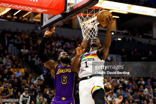 Anthony Edwards of the Minnesota Timberwolves goes up for a shot while LeBron James of the Los Angeles Lakers defends in the third quarter of the...
