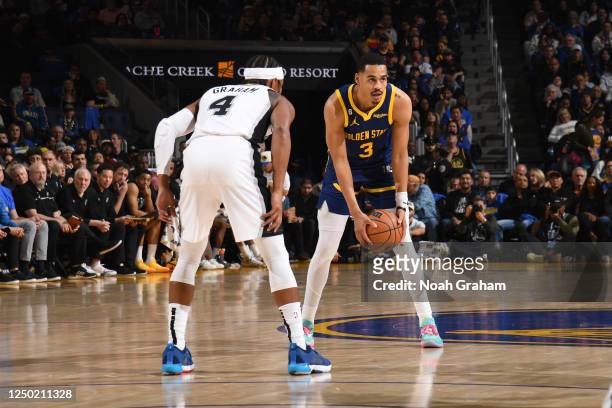 Jordan Poole of the Golden State Warriors handles the ball during the game against the San Antonio Spurs on March 31, 2023 at Chase Center in San...