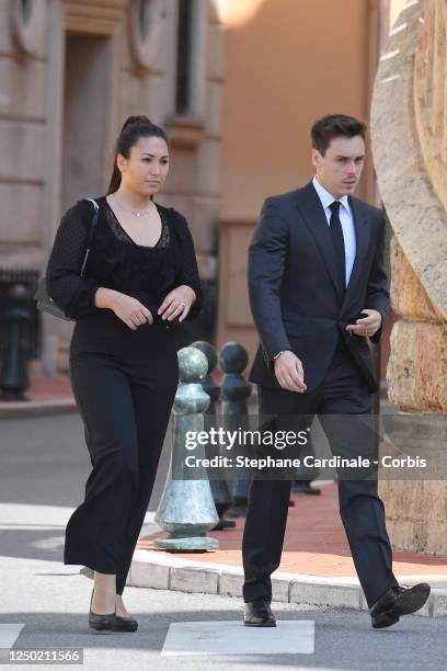 Marie Chevalier Ducruet and Louis Ducruet arrive at the Monaco Cathedral for Elizabeth-Ann De Massy's Funerals on June 17, 2020 in Monaco, Monaco.