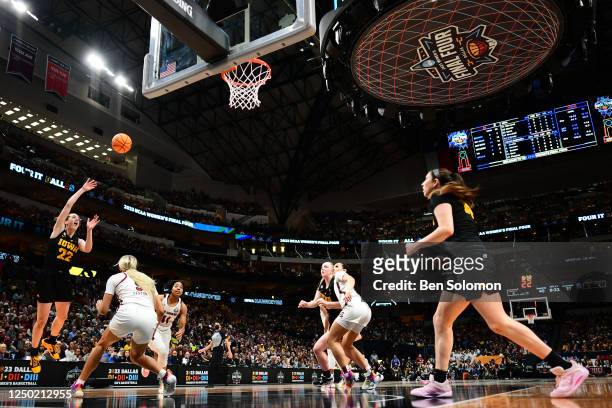 Caitlin Clark of the Iowa Hawkeyes shoots against the South Carolina Gamecocks during the semifinals of the NCAA Womens Basketball Tournament Final...
