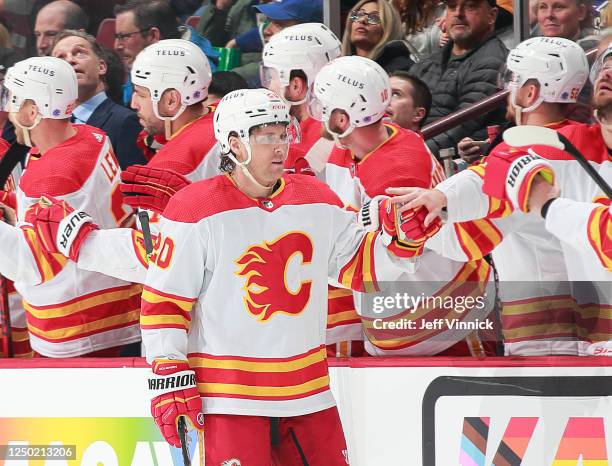 Blake Coleman of the Calgary Flames celebrates his goal with teammates during the second period of their NHL game against the Vancouver Canucks at...