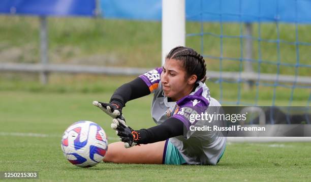 Morgan Arquino of the Glory warms up prior to the round 20 A-League Women's match between Brisbane Roar and Perth Glory at Perry Park, on April 1 in...