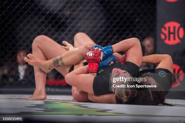 Cat Zingano attempts a submission against Leah McCourt in their Featherweight fight during the Bellator 293 event on March 31 at Pechanga Resort and...