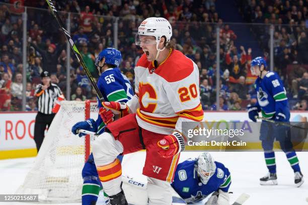 Blake Coleman of the Calgary Flames celebrates after scoring a goal on Thatcher Demko of the Vancouver Canucks during the second period of the NHL...