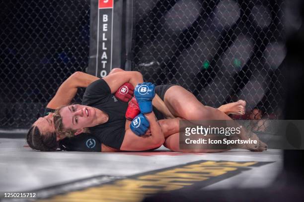 Cat Zingano controls Leah McCourt on the ground in their Featherweight fight during the Bellator 293 event on March 31 at Pechanga Resort and Casino...