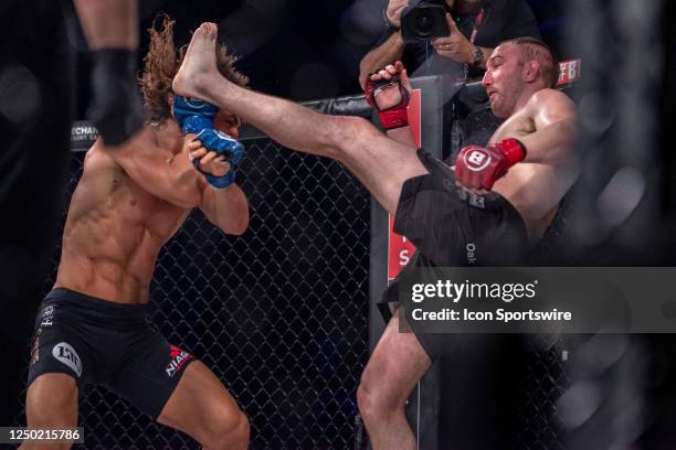 John Salter kicks Aaron Jeffery in their Middleweight fight during the Bellator 293 event on March 31 at Pechanga Resort and Casino in Temecula, CA.