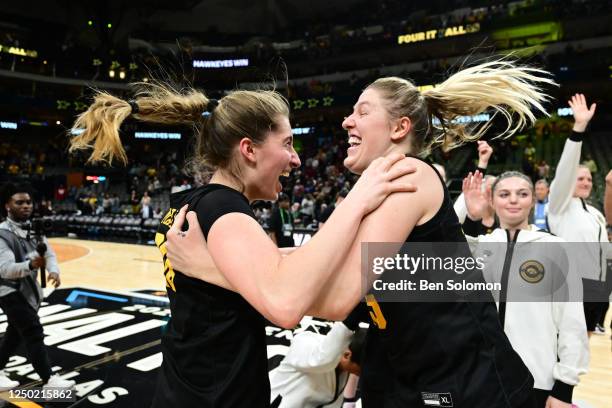 Iowa Hawkeyes players celebrate their win over the South Carolina Gamecocks during the semifinals of the NCAA Womens Basketball Tournament Final Four...