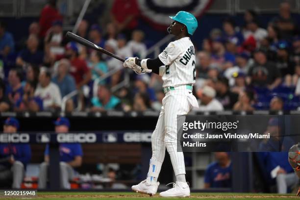 Jazz Chisholm Jr. #2 of the Miami Marlins hits a home run during the game against the New York Mets at loanDepot park on March 31, 2023 in Miami,...