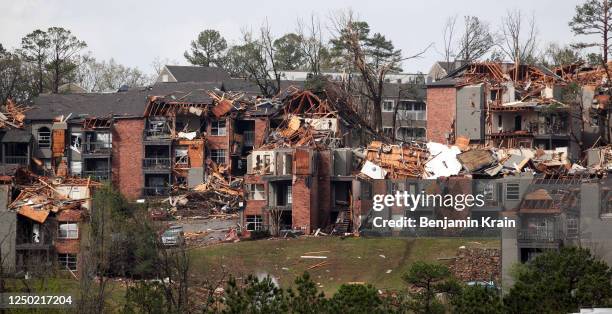 The remains of the Calais Apartment complex damaged by a tornado is seen on March 31, 2023 in Little Rock, Arkansas. Tornados damaged hundreds of...