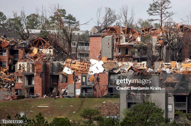 The remains of the Calais Apartment complex damaged by a tornado is seen on March 31, 2023 in Little Rock, Arkansas. Tornados damaged hundreds of...